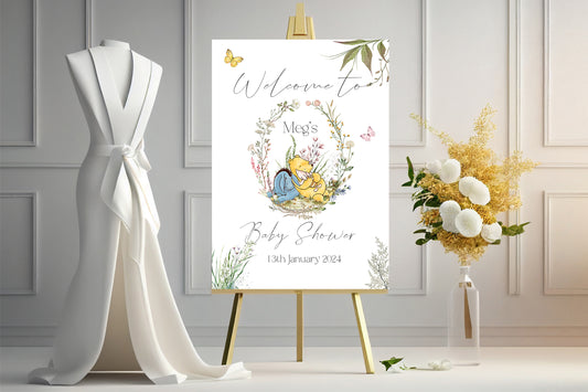 Personalised Classic Pooh Baby Shower Guestbook - Custom Name & Date Hardcover Memory Book, Vintage Meadow Floral Wreath Ribbon Keepsake