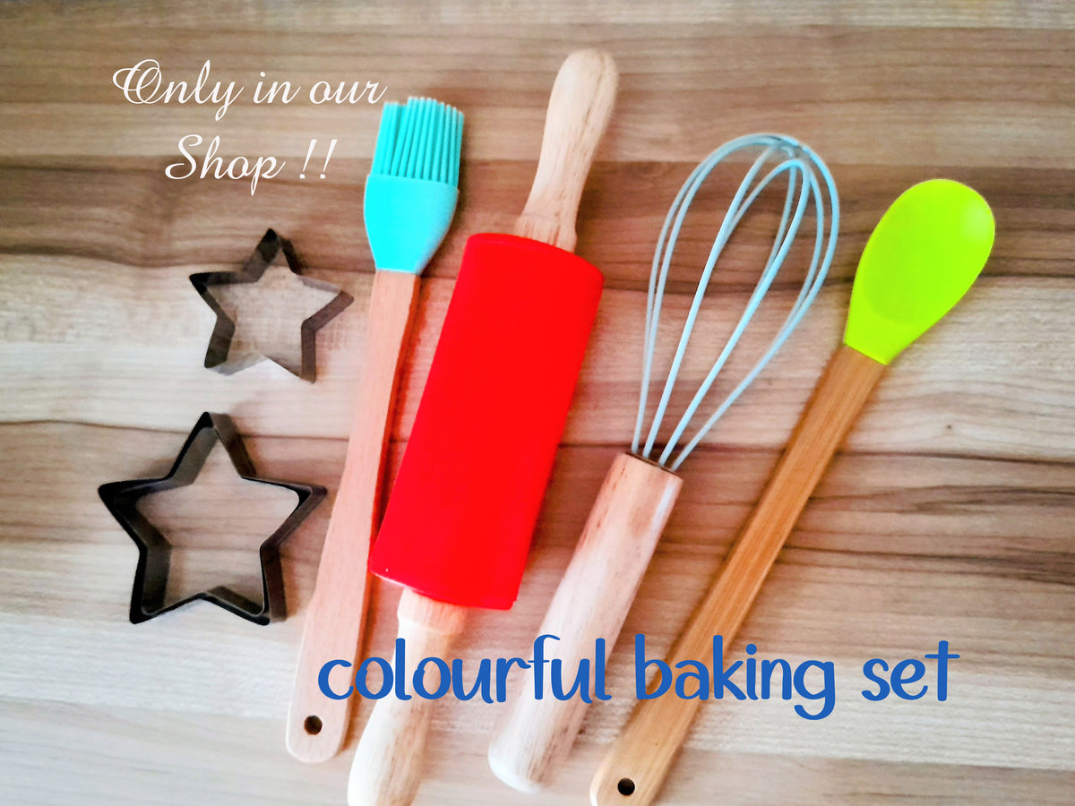 Rainbow Print Personalised Kids Linen Blue pocket Baking Set