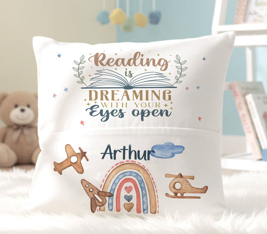 Personalised Book Pillow for Kids, Reading Cushion with Pocket, Custom Toddler Gift, Nursery Airplane