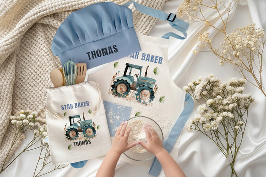 Personalised Kids Tractor Apron & Baking Set - Custom Little Farmer Gift cooking utensils