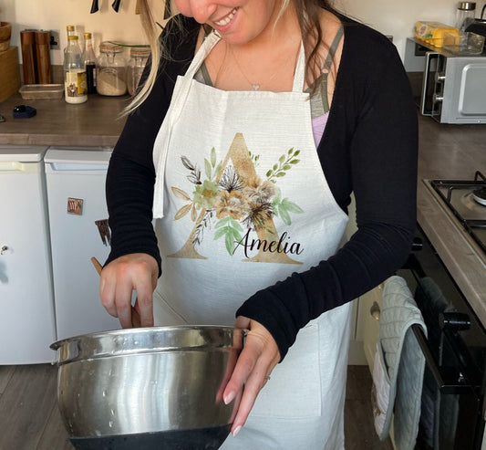 Personalised Linen Apron with Floral Monogram | Custom Adult Gift