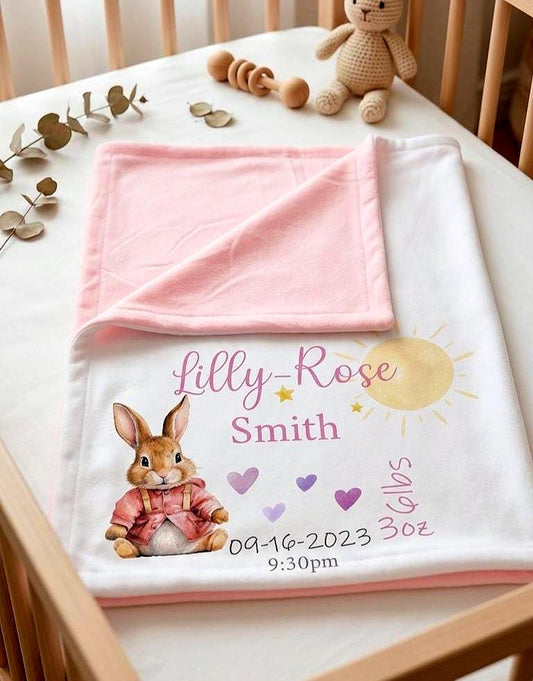 Pink Bunny Birth - Personalised Baby Blanket Set