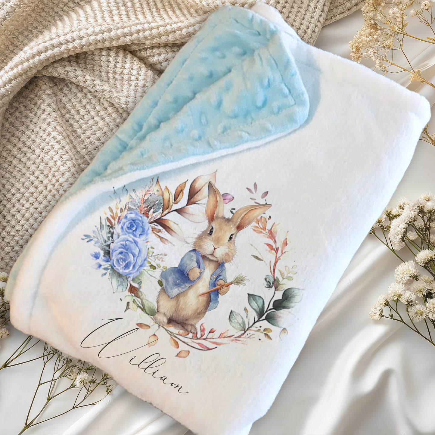 Personalised Blue Rabbit Baby Blanket | Custom Name Romper | New Baby Gift