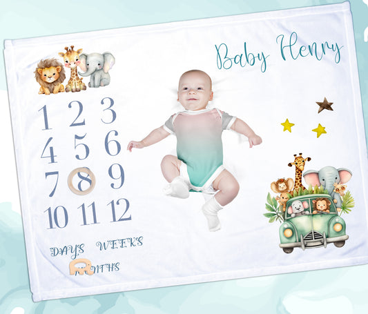 Personalised Safari Theme Milestone Baby Blanket Gift Set