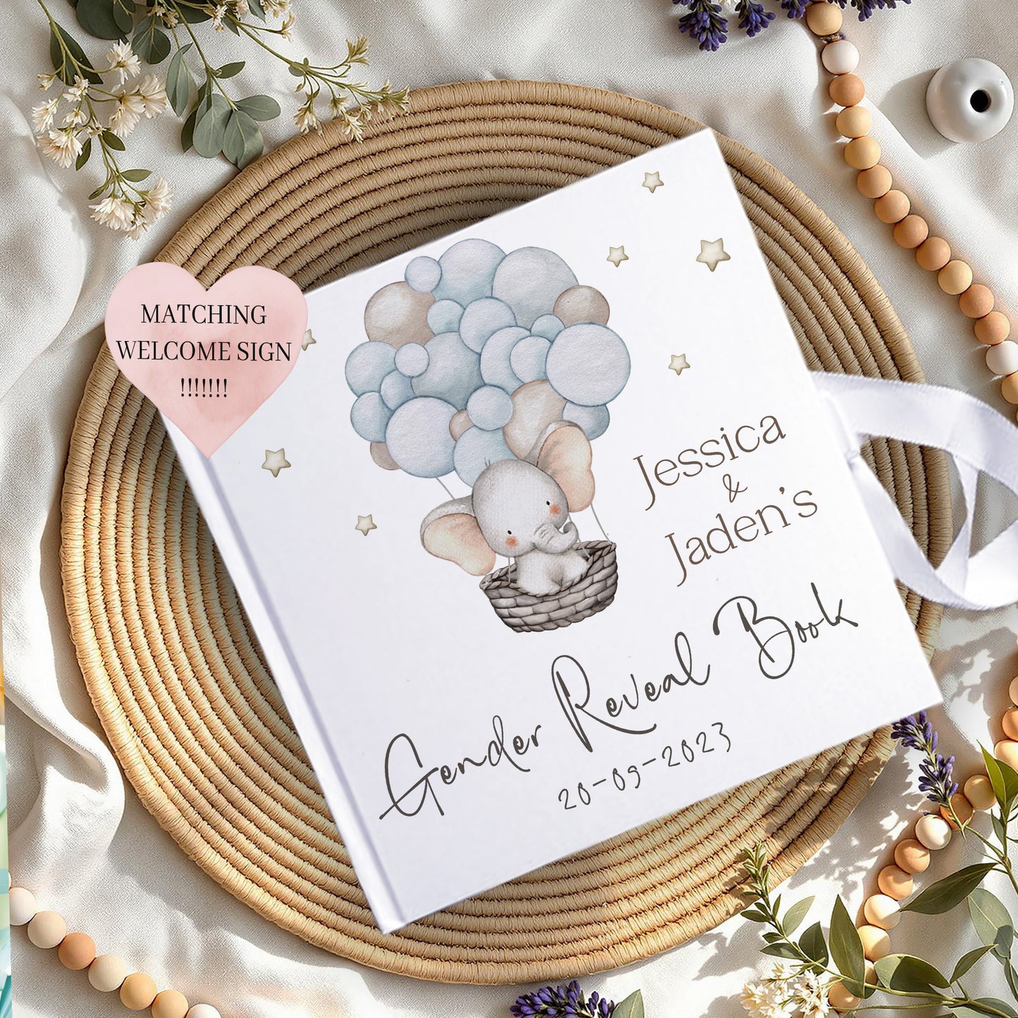 Elephant Beige Gender Reveal Welcome Sign Poster Art