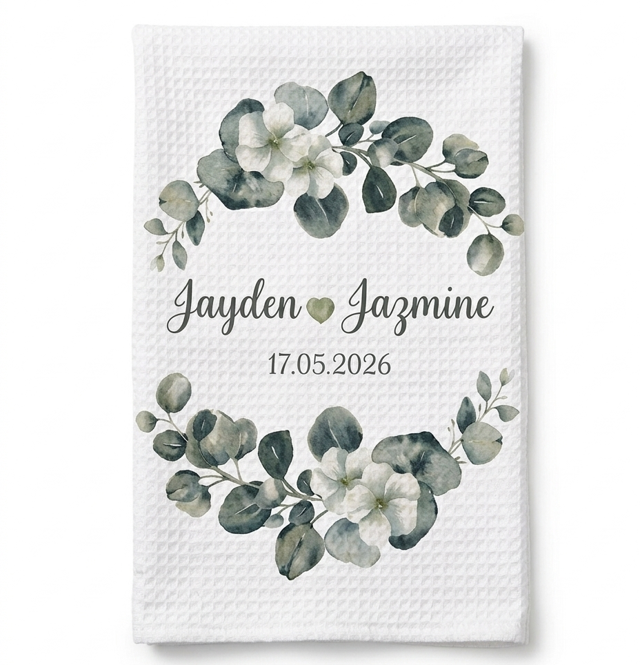 Personalized Eucalyptus Tea Towel | Custom Wedding & Anniversary Gift.