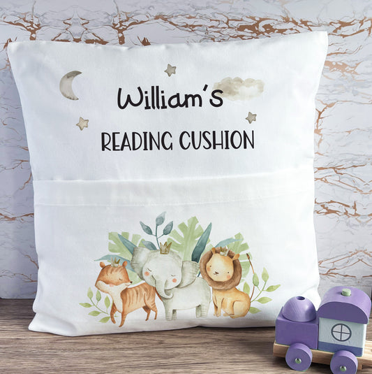 Safari Animals Personalised Nursery Pocket Reading Cushion