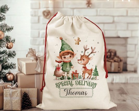 Personalised Santa Sack and Stocking, Custom Christmas large Linen Bag, Reindeer Elf Special Delivery keepsake