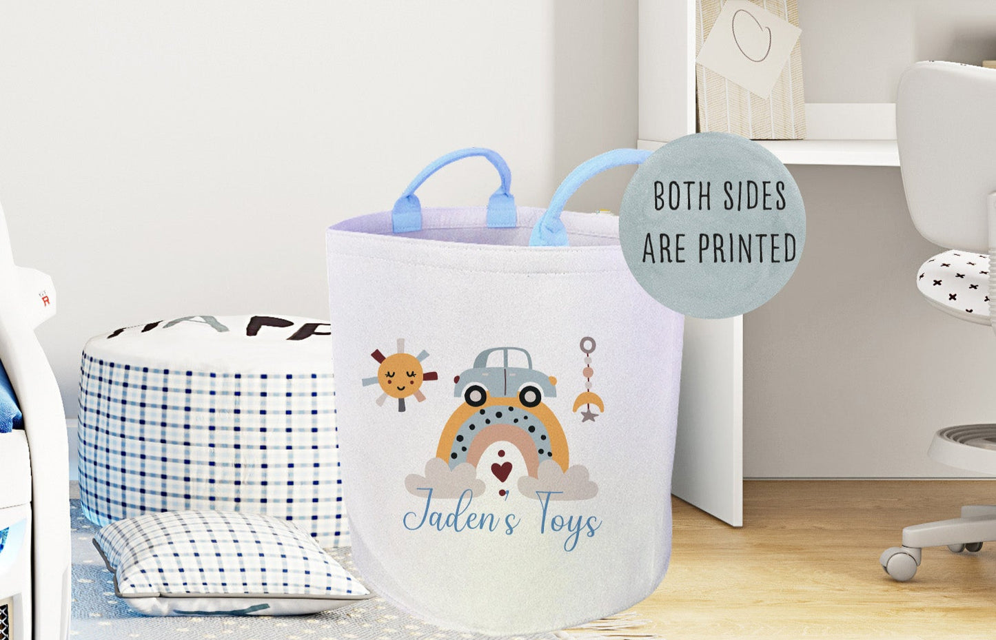 Personalised Boohoo Print Large Toy basket with blue handles Gift Set With Cushion