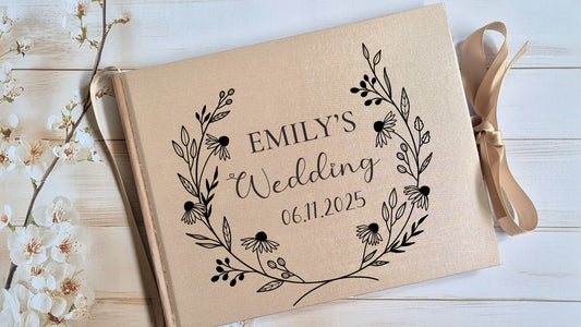 Simple Wedding Black & Golden Beige Personalised Hardcover Guestbook