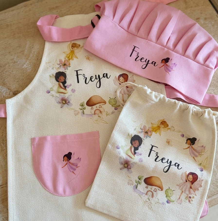 Personalised Kids Fairy Baking Apron Set, Custom Toddler Chef Hat, Mushroom Garden Nursery Gift