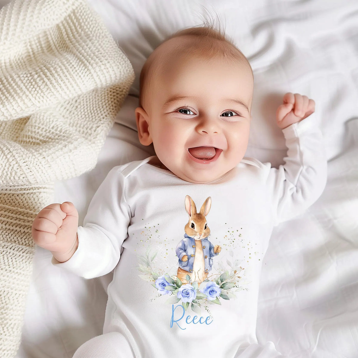 Personalised Floral Blue Rabbit Baby Blanket Romper Set