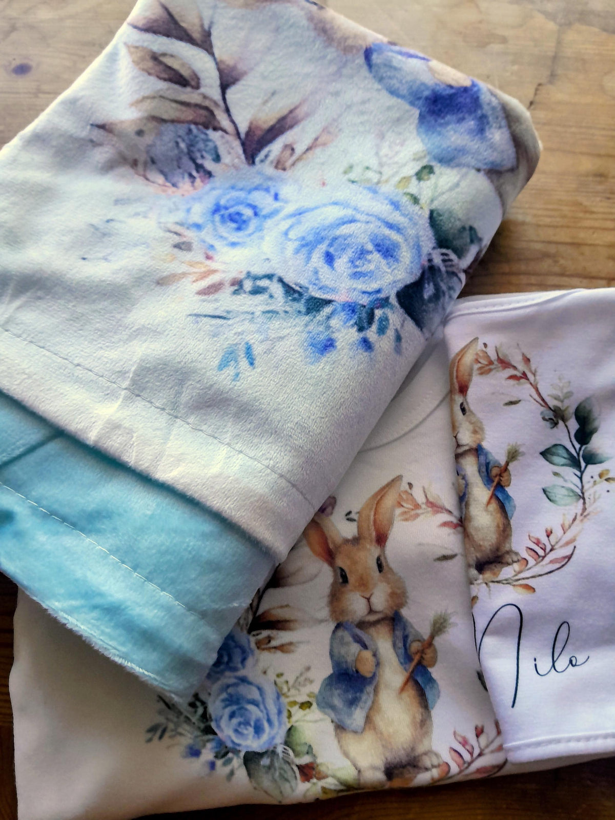 Personalised Blue Rabbit Baby Blanket | Custom Name Romper | New Baby Gift