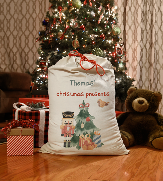 Personalised Christmas Sack, Custom Holiday Gift Bag, Kids Toy holder with Name, Nutcracker Christmas Present wrap