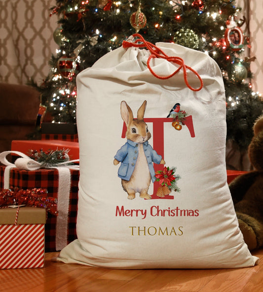Personalised Christmas bunny Gift Bag, Custom Name Holiday Sack, Santa rabbit Pouch, Festive linen Fabric