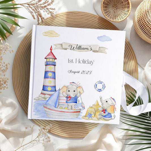 Personalised First Holiday Elephant Sailor Memory Book with Ribbon