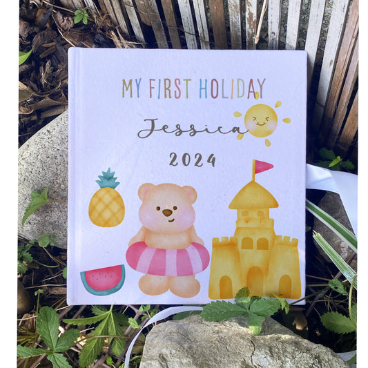 Personalised Bear on the Beach Holiday Kids Memory Book with Ribbon