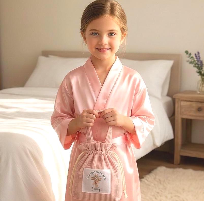 Personalised First Communion Dressing Gown Bag set: Floral Cross Pouch brush baptism Keepsake Gift