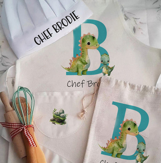 Personalised Kids Dinosaur Chef Hat and Apron Set - Custom Name Baking Kit for Boys & Girls