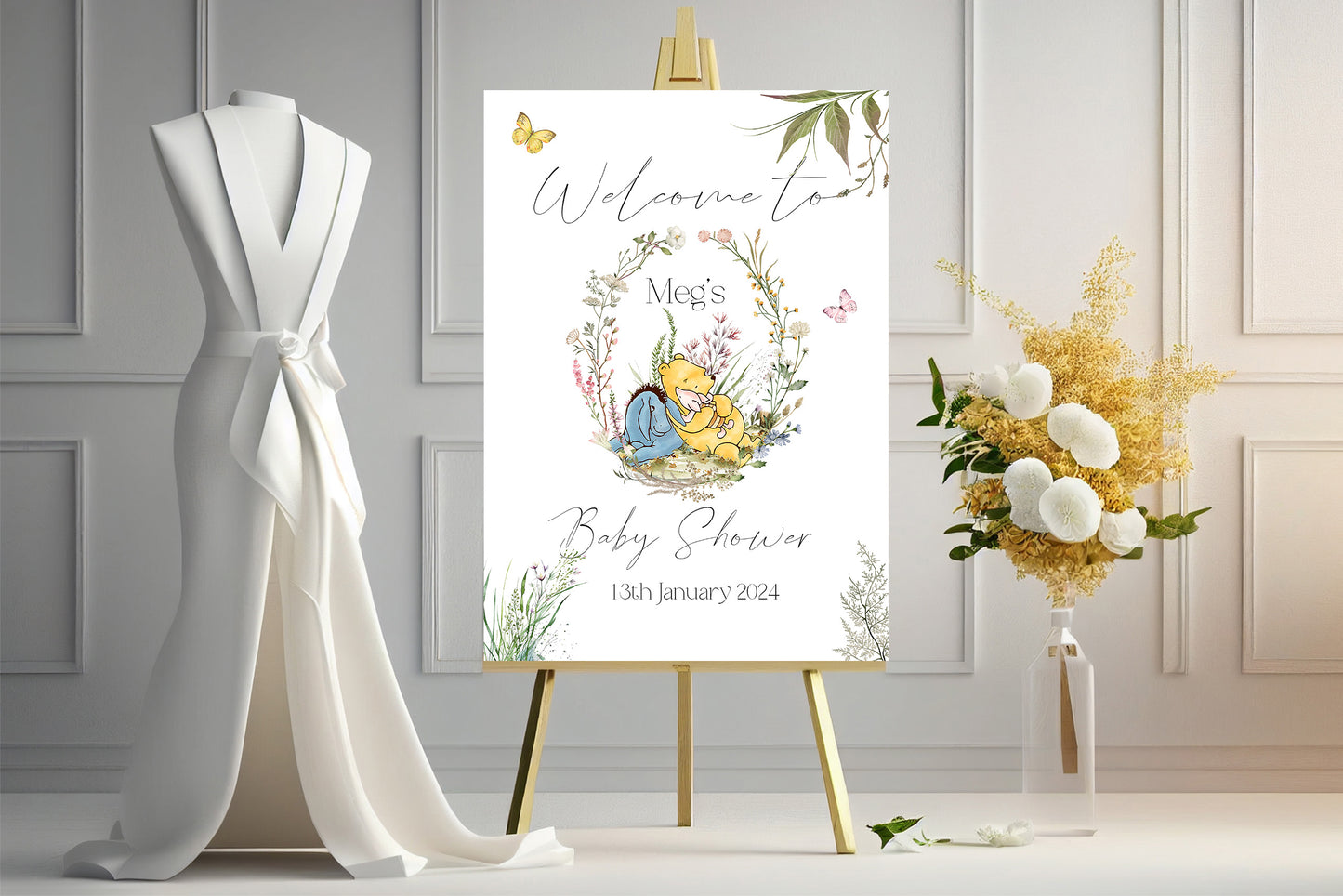 Personalised Classic Pooh Baby Shower Guestbook - Custom Name & Date Hardcover Memory Book, Vintage Meadow Floral Wreath Ribbon Keepsake