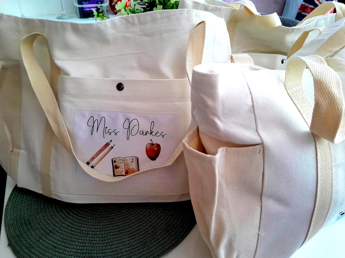 Personalised Teacher Tote Bag, Custom Canvas Appreciation Gift purse, End of Year Large Utility organiser with Pockets