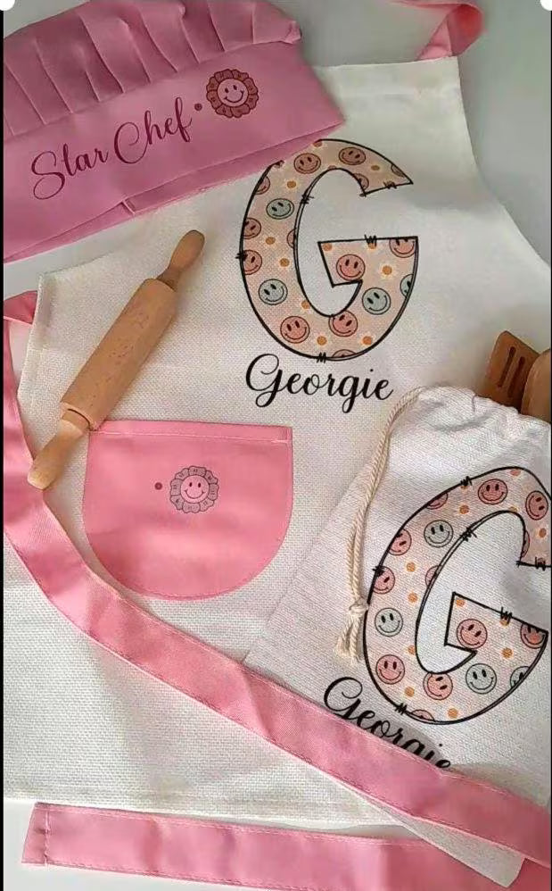 Floral Initial  - Personalised Kids Apron and Chef Hat Set, Custom Name Star Baker Utensils for Girls
