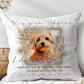 Decorative pillow with a dog illustration and text on a white background