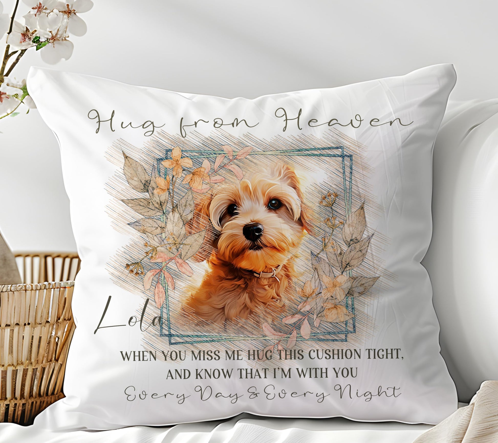 Decorative pillow with a dog illustration and text on a white background