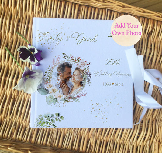 Personalised Own photo  Anniversary Floral Guestbook with Ribbon