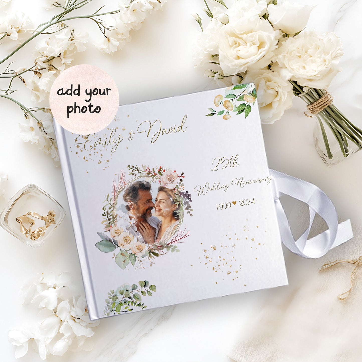 Personalised Own photo  Anniversary Floral Guestbook with Ribbon