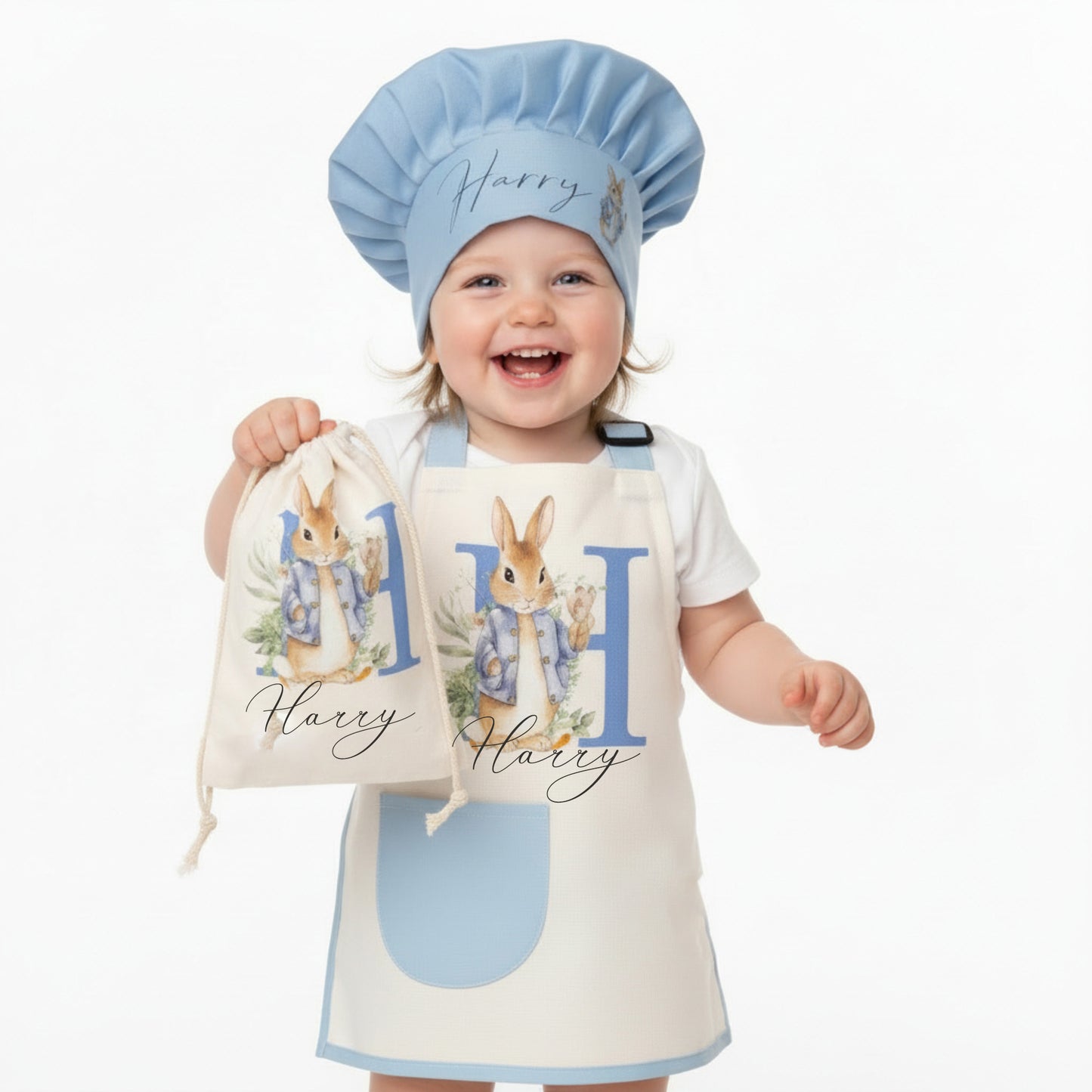 Personalized Blue Rabbit Kids Apron & Chef Hat Set - Blue & White Gingham