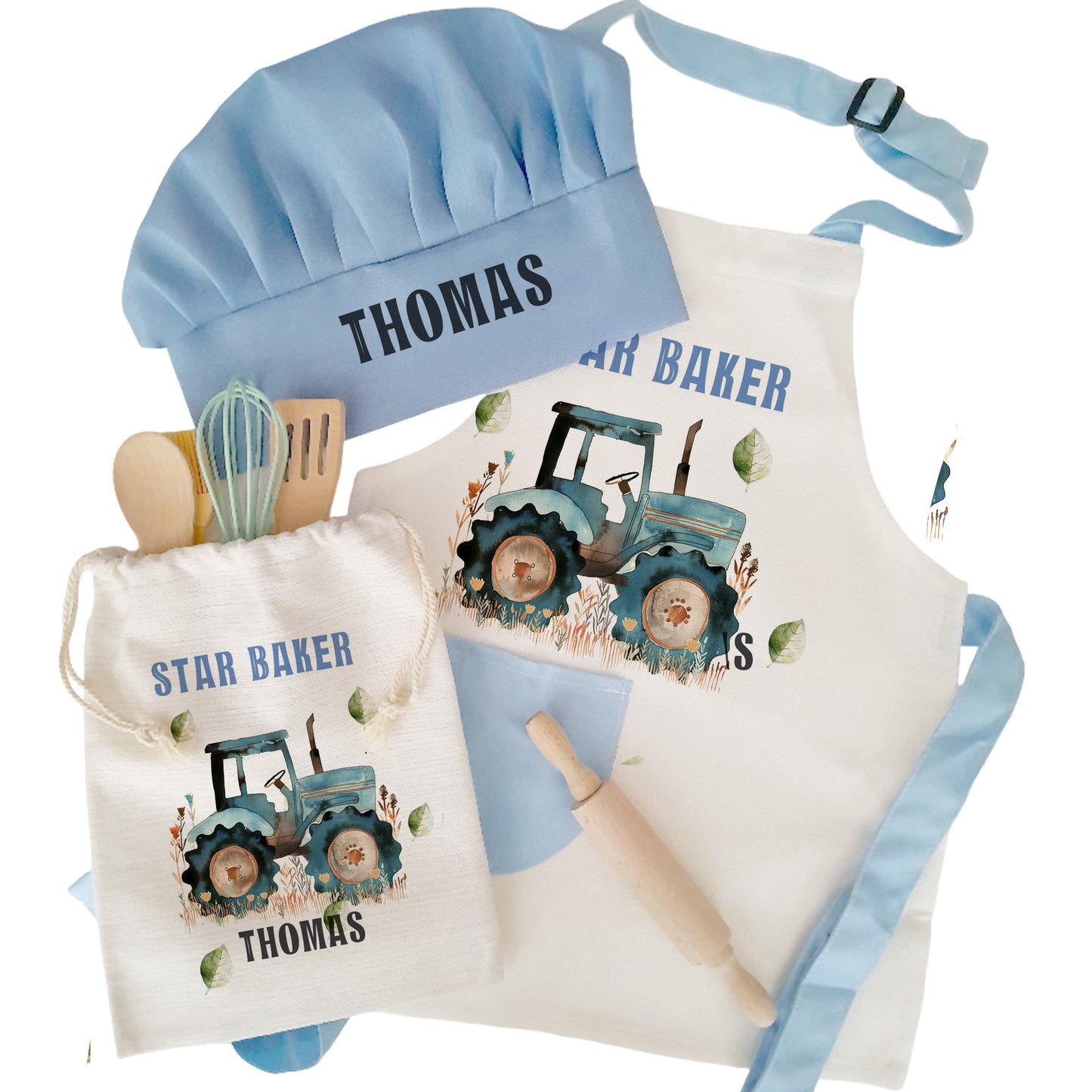 Tractor Theme Personalised Kids Linen Blue pocket Baking Gift