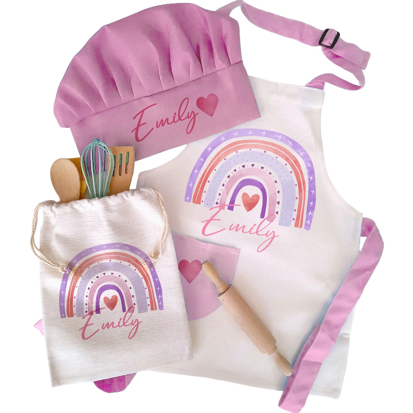 Rainbow Theme Personalised Kids Linen Blue Pink pocket Baking Gift