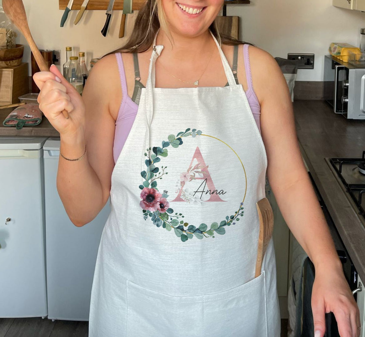 Personalised Pink Floral Design Quality Linen Apron Gift Set