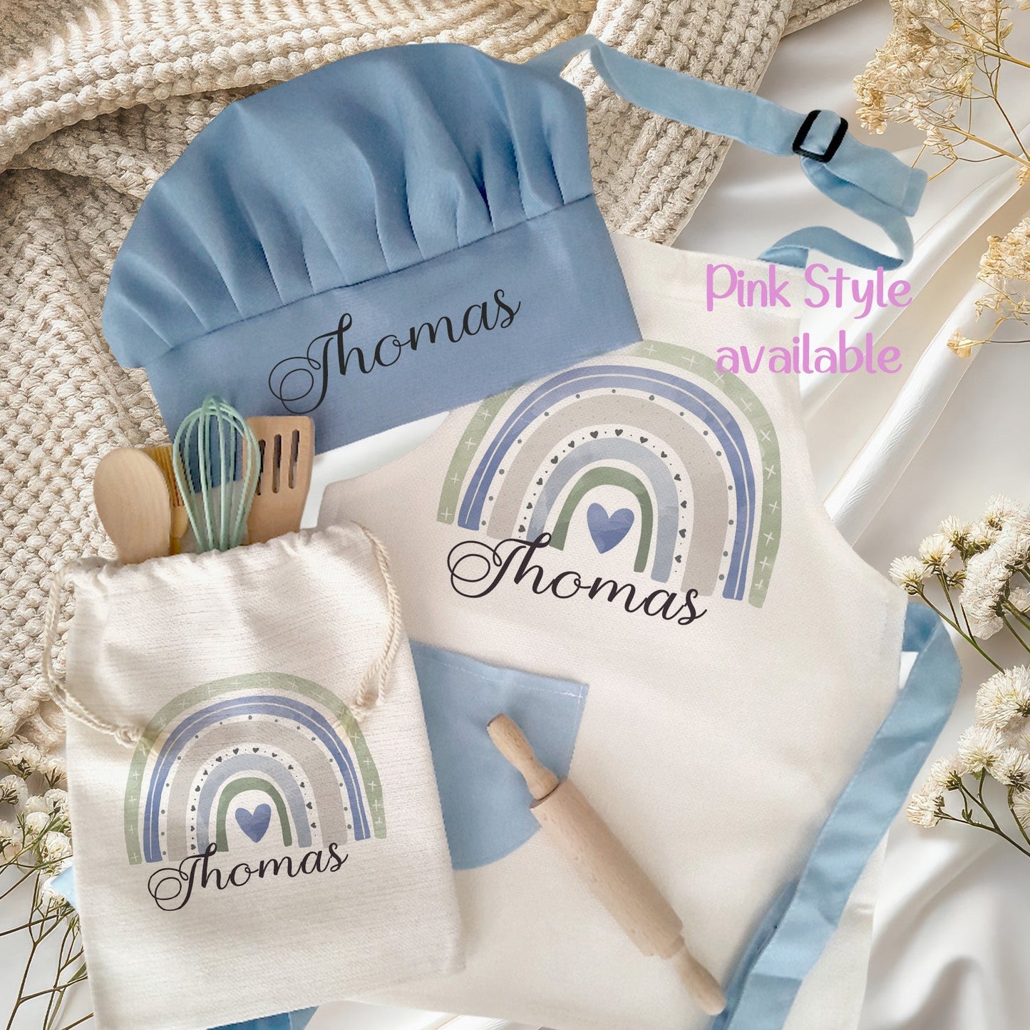 Rainbow Theme Personalised Kids Linen Blue Pink pocket Baking Gift