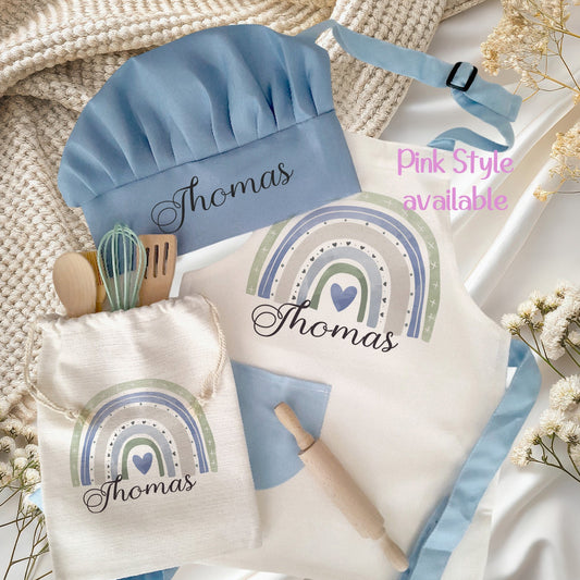Rainbow Theme Personalised Kids Linen Blue Pink pocket Baking Gift
