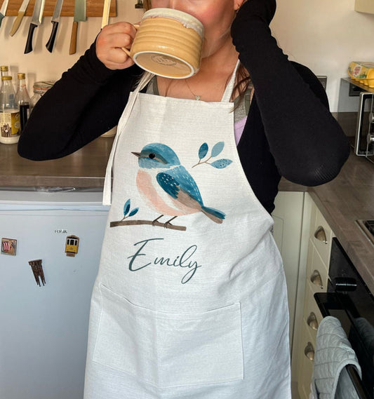 Personalised Cute Bird Design Quality Linen Cooking Apron Gift Set