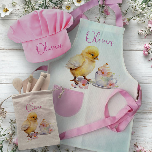 Unique Easter Chick Pink Theme - Personalised Kids Linen  Baking Set