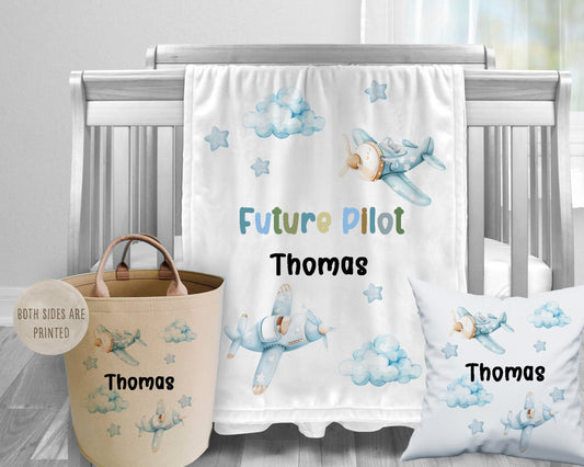 Future Pilot - Personalised Baby Blanket Cushion Toy bag Set