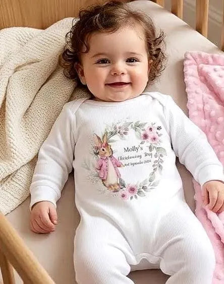 Personalised Pink Rabbit Christening Baby Outfit Gift Set