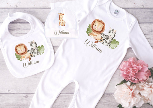 Personalised Safari Animals Baby Outfit Set