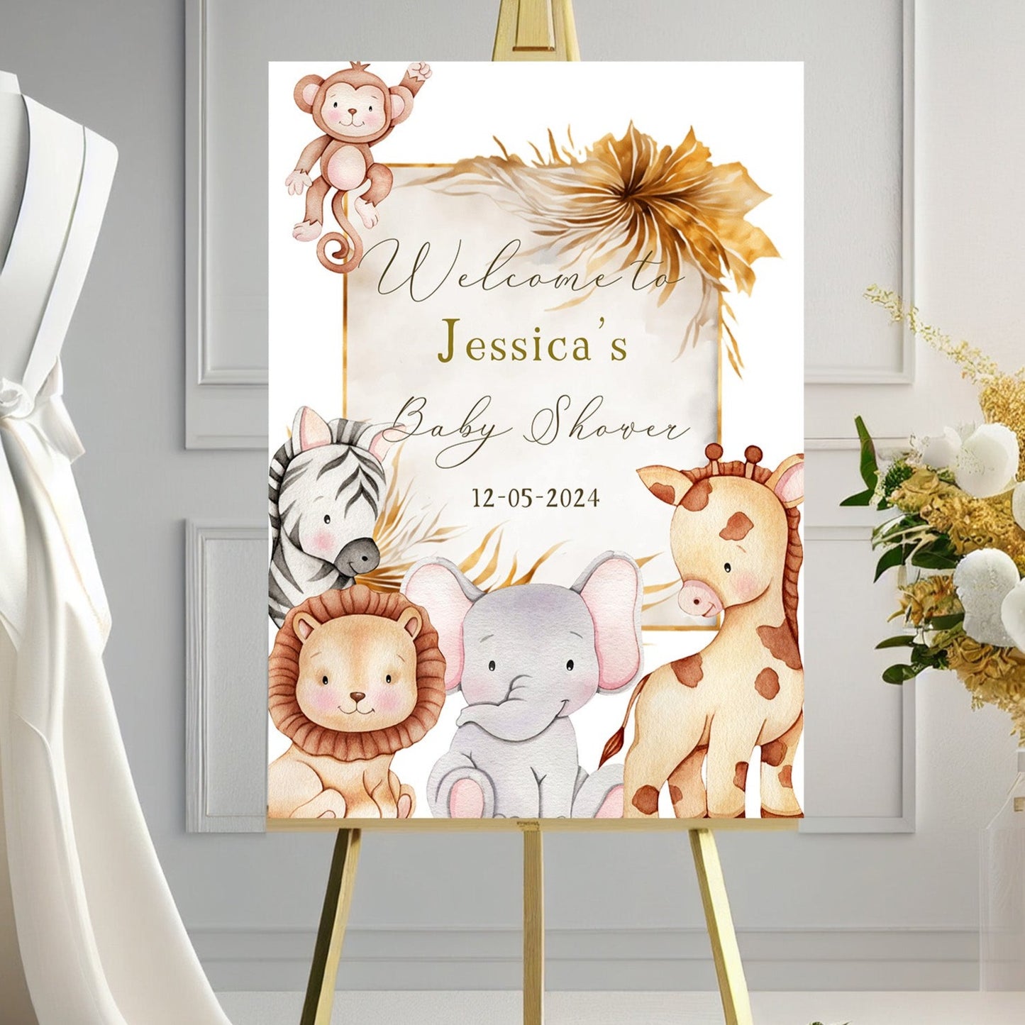 Gold Safari Baby Shower Welcome Sign, Personalised banner