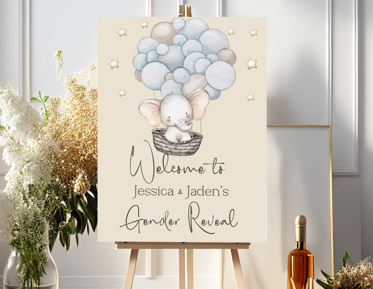 Elephant Beige Gender Reveal Welcome Sign Poster Art