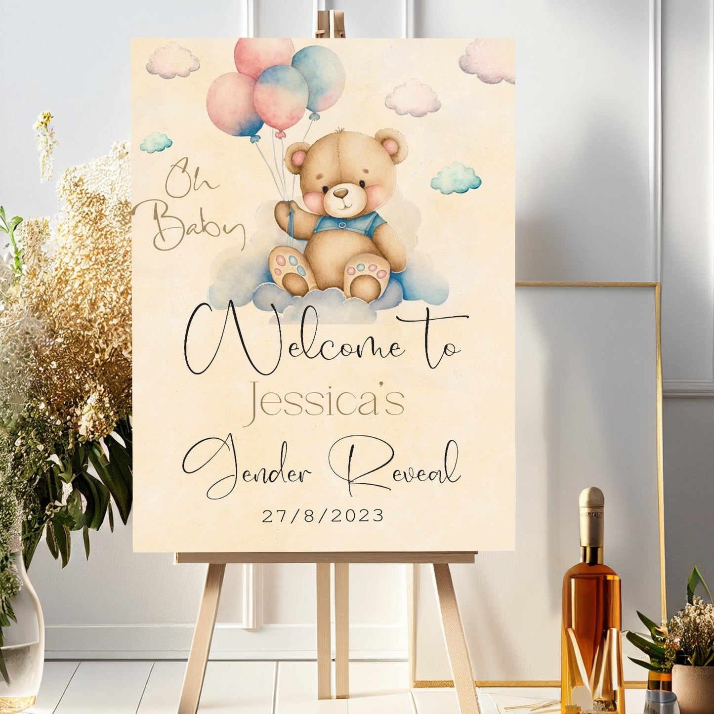 Personalised Beige  Bear Gender Reveal Welcome Sign