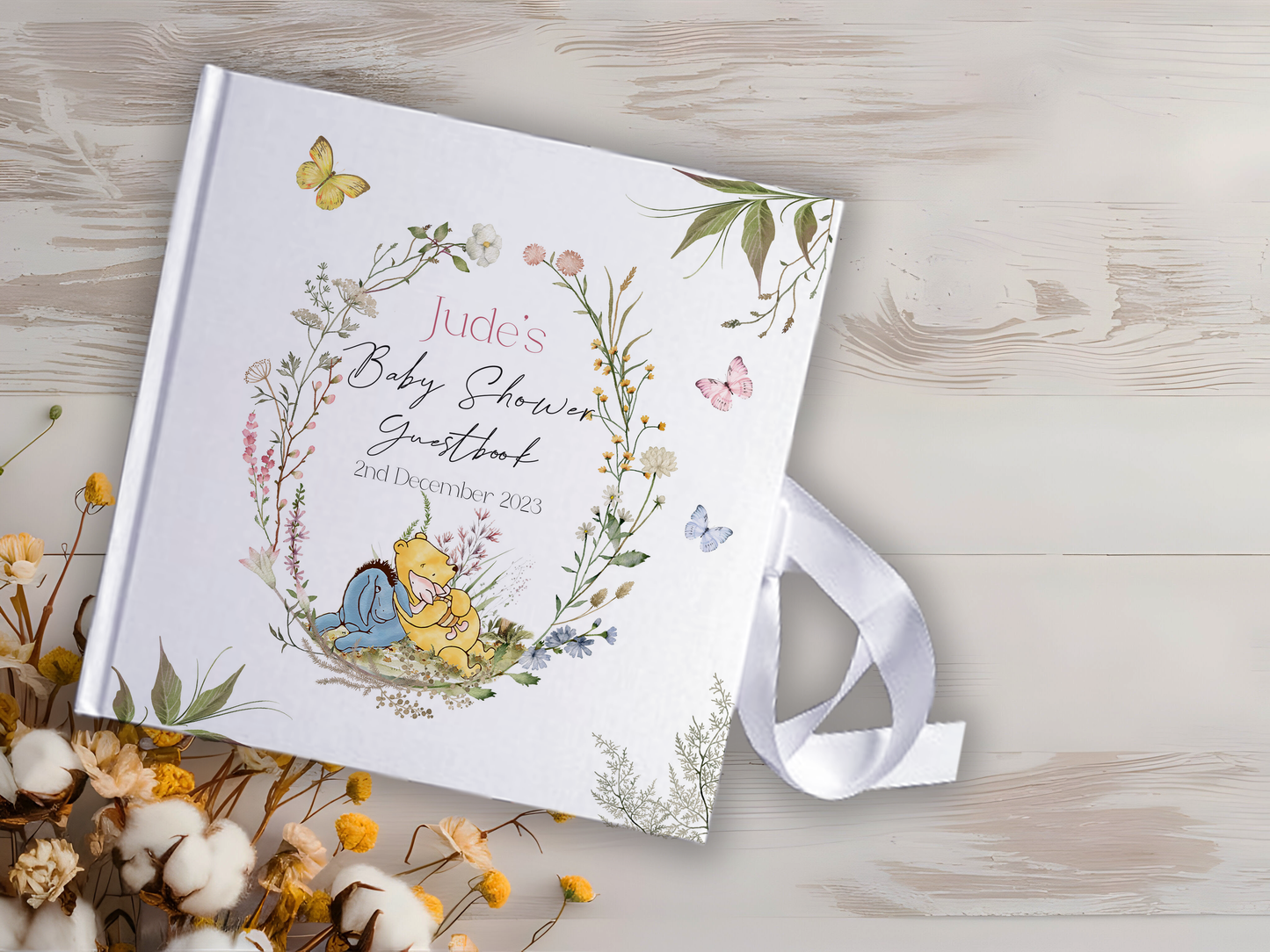 Personalised Classic Pooh Baby Shower Guestbook - Custom Name & Date Hardcover Memory Book, Vintage Meadow Floral Wreath Ribbon Keepsake