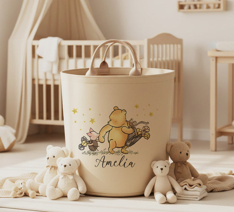 Personalized Pooh & Piglet Beige Toy Basket; Large 50L Felt Nursery Crafted Storage