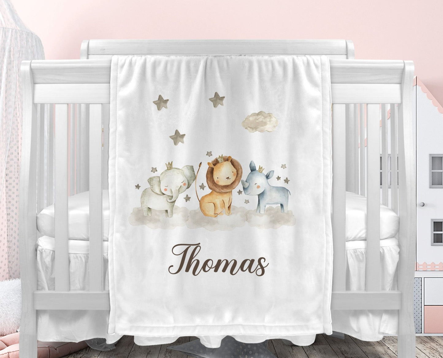 Safari Animals Print Personalised Baby Blanket Set.romper,bib