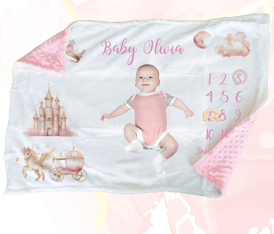 Personalised Pink  Fairy Tale Milestone Baby Blanket Gift Set
