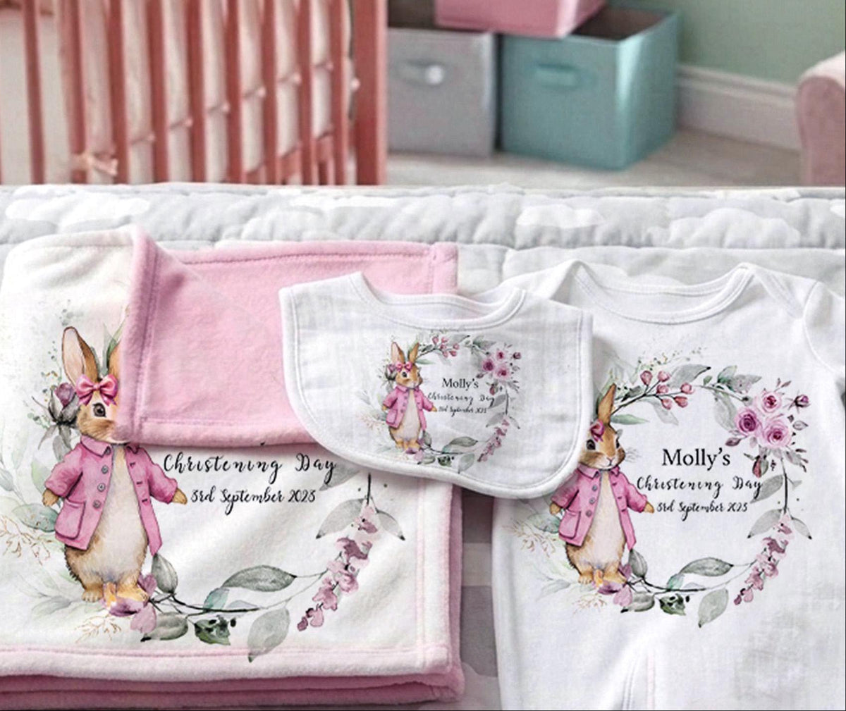 Personalised Pink Rabbit Christening Baby Outfit Gift Set