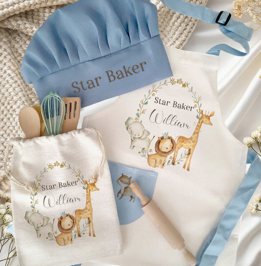 Personalised Safari Star Baker Kids Chef Set - Custom Name Blue Trim Apron, Hat & Bag